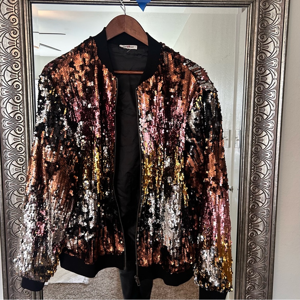 GeeGee Black and Gold Sequin Bomber Jacket